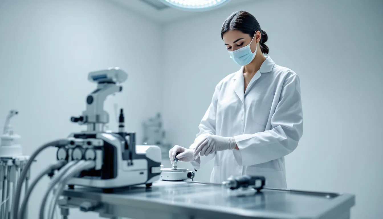Un chirurgo che prepara gli strumenti per un intervento di liposuzione addominale.