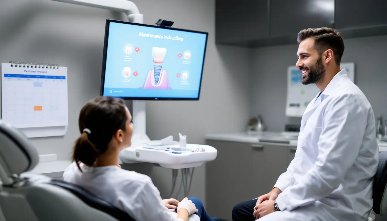 Una paziente che riceve istruzioni sulla manutenzione di un impianto dentale.