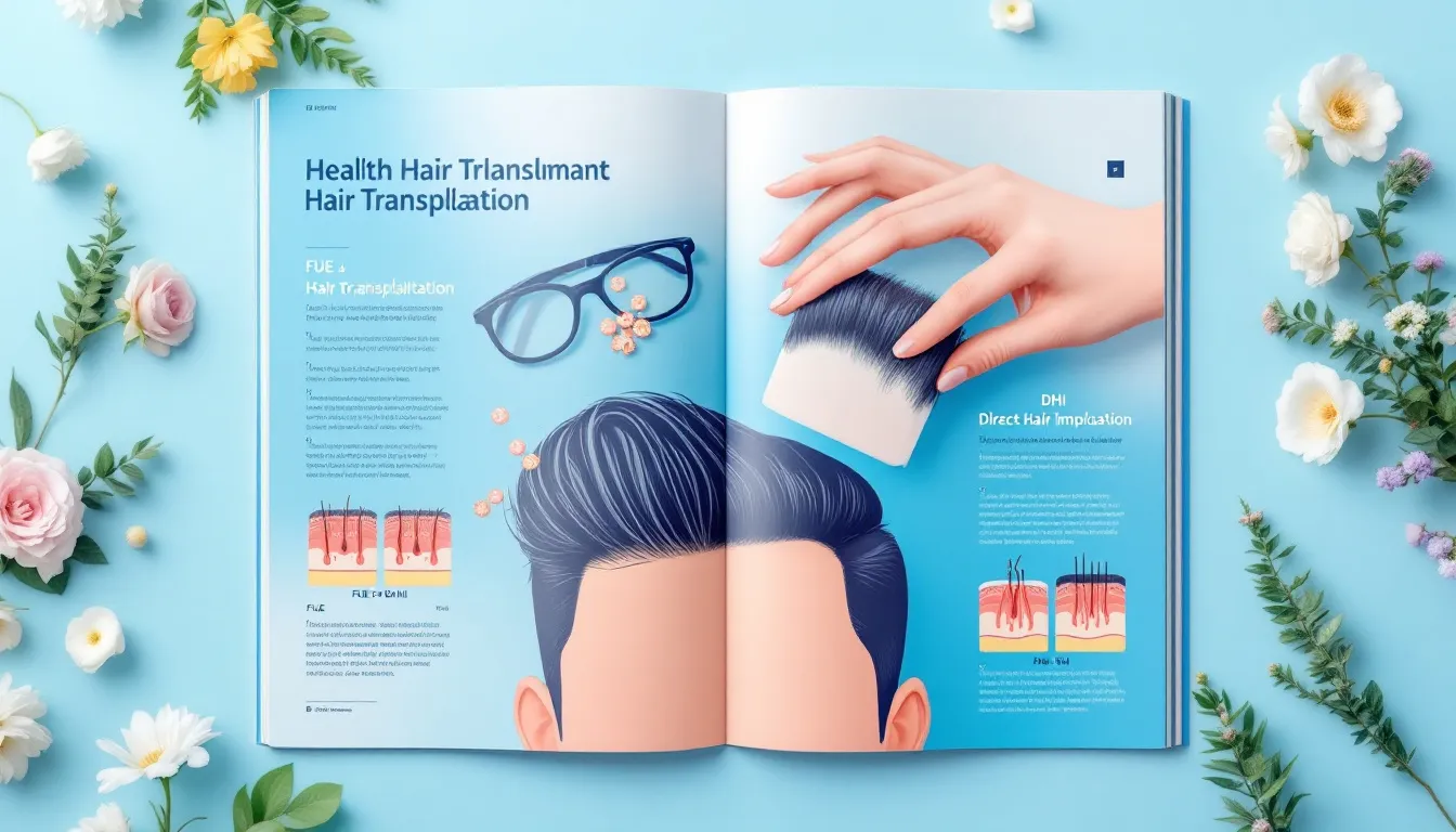 Illustrazione del processo di trapianto capelli senza rasatura, evidenziando i metodi FUE e DHI.