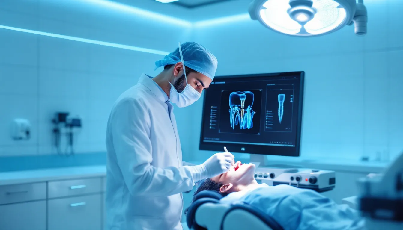 Un dentista che esegue un intervento di implantologia dentale.